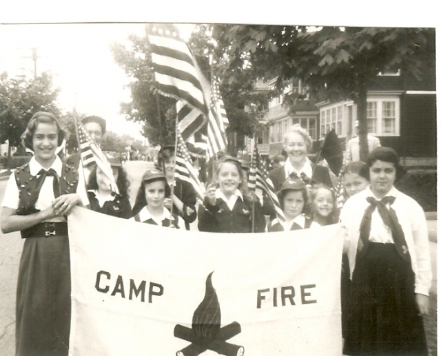 Memorial Day Parade, circa 1952 (holding banner) left: Mary Bellizia, right Donna Jamgochian  Submitted by Mary Bellizia
